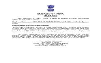 Vacancy Circular for Hiring of Clerk at Embassy of India, Hanoi